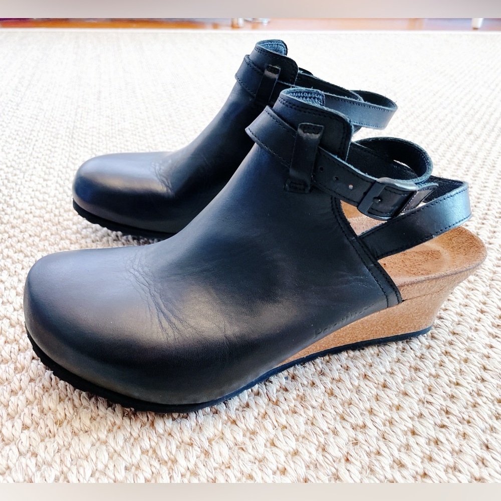 Papillio Black Leather Slingback Clog Wedges